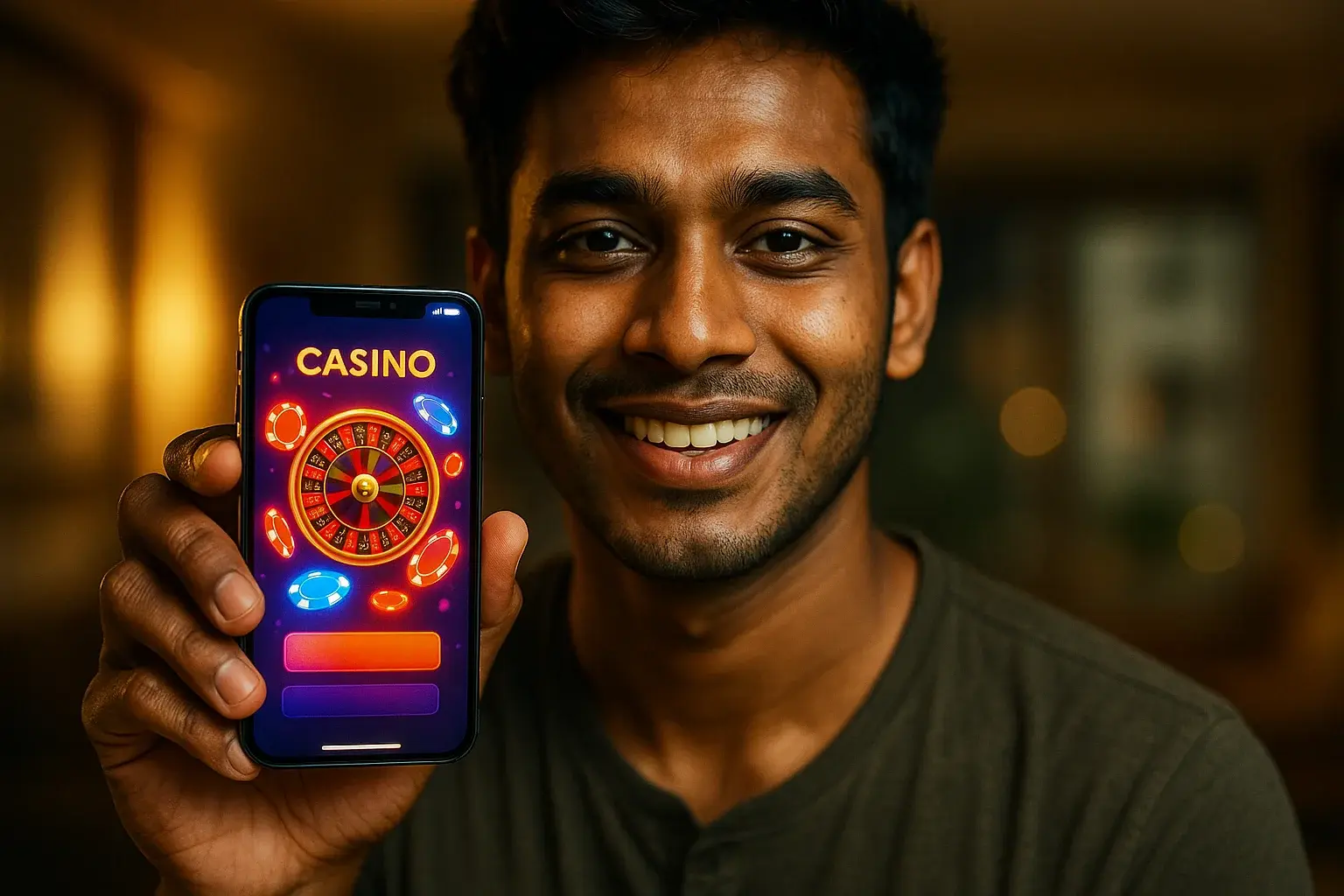 Young Bangladeshi man holding smartphone showing colorful casino app interface