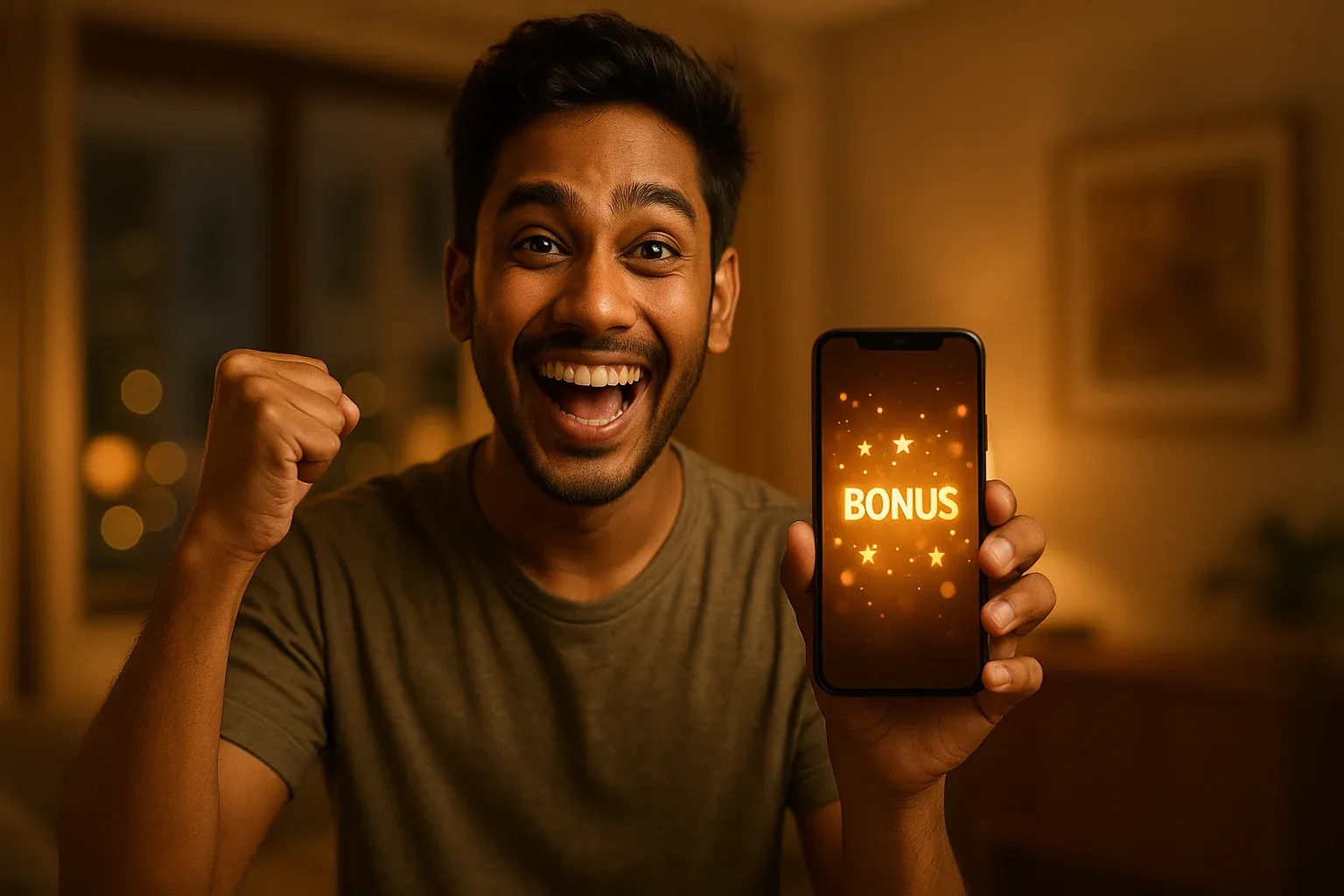 Joyful Bangladeshi man holding smartphone with glowing bonus notification celebration