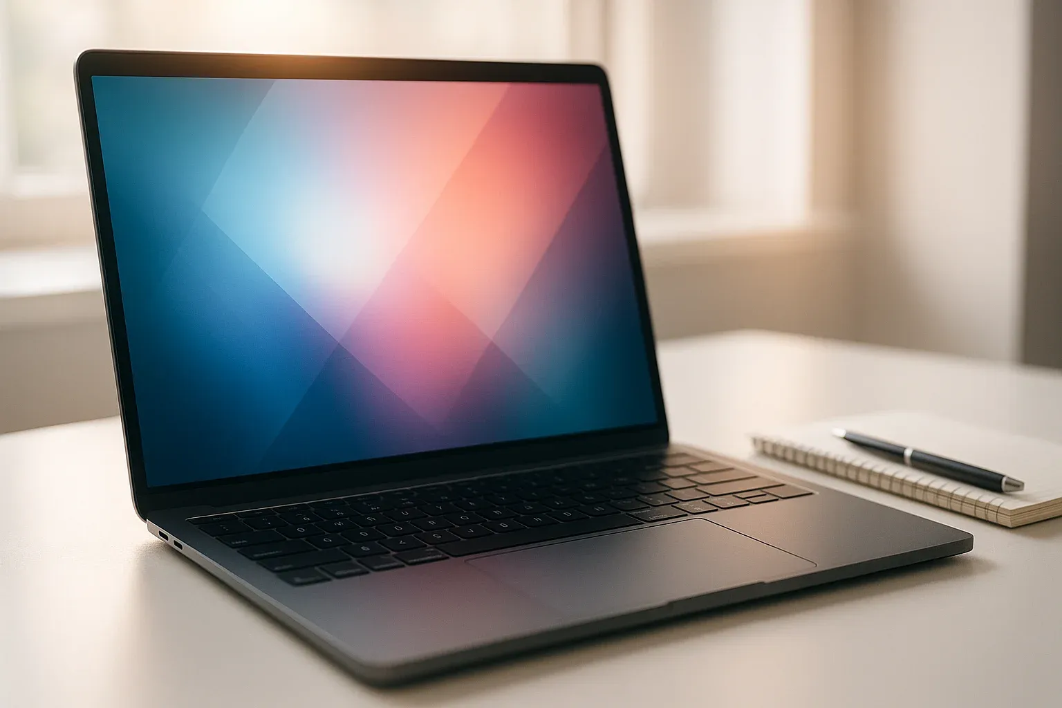 Modern laptop on white desk with glowing abstract screen and notepad