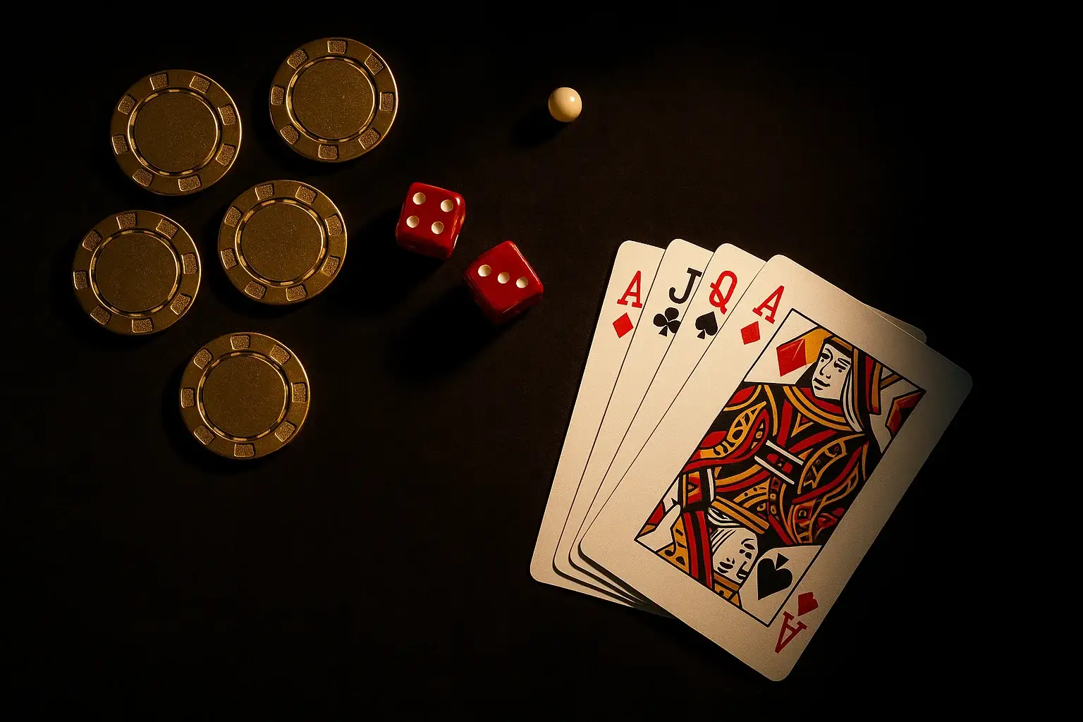 Golden casino chips, playing cards, dice, and roulette ball on velvet