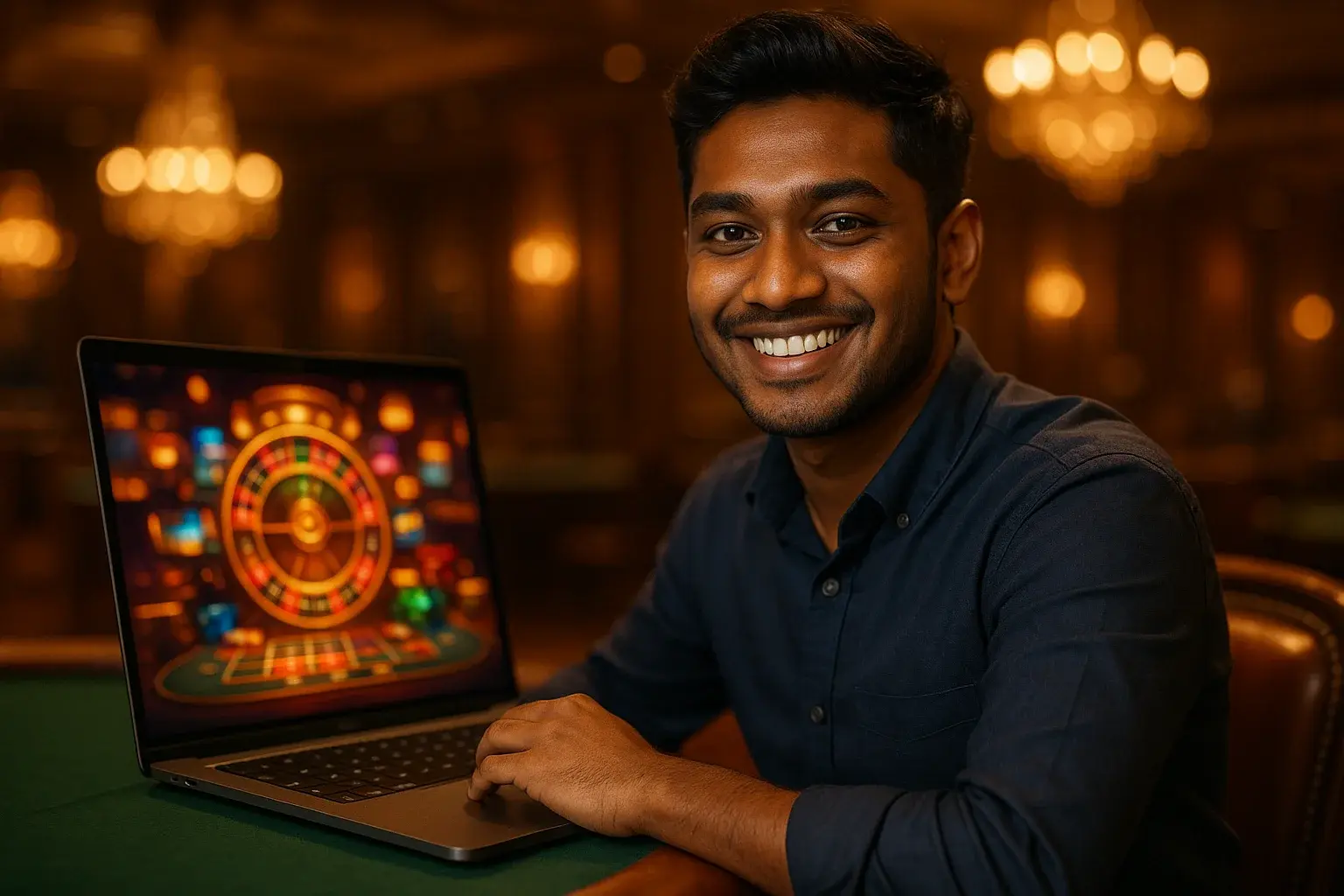 Cheerful Bangladeshi man with laptop at premium casino lounge table