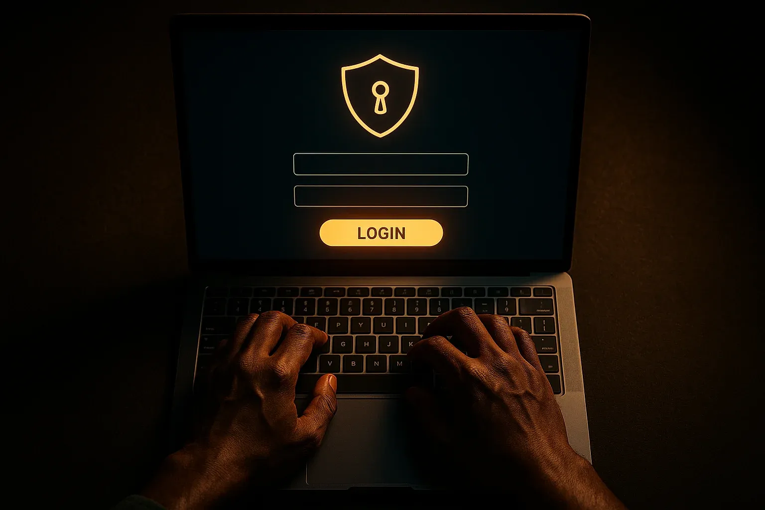 Bangladeshi man using laptop with visible login form and glowing button
