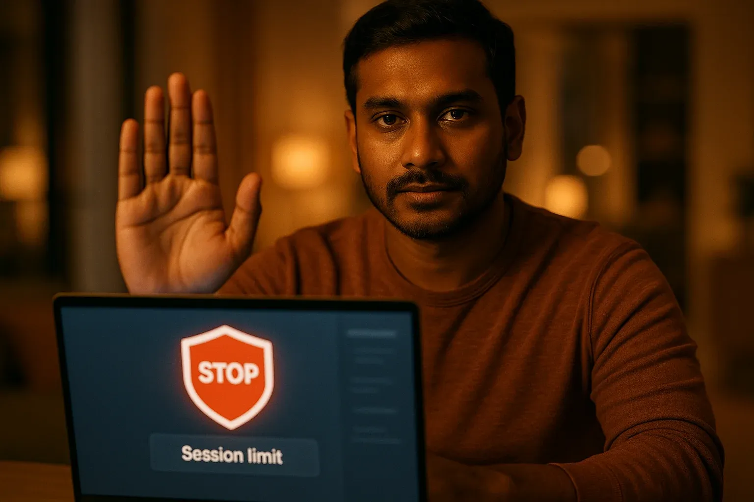 Bangladeshi man showing stop gesture with laptop session limit shield icon