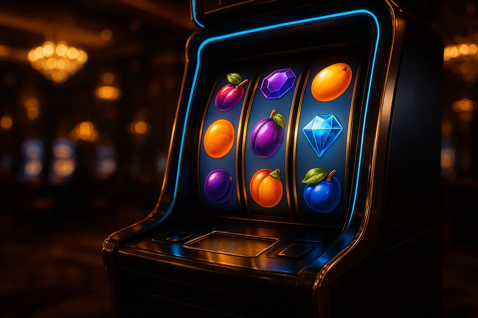 Hyperrealistic premium slot machine with glowing reels in dark luxury casino